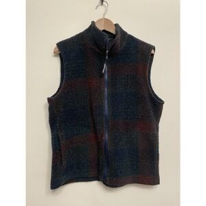 Vintage Chuck Roast Vest Men Medium Deep Pile Plaid Red Blue Full Zip Fleece USA